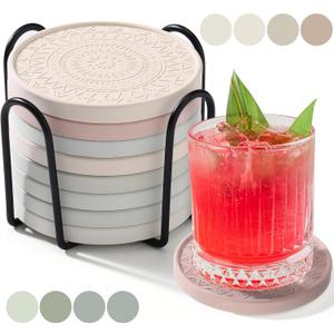 Photect Diatomaceous Earth Coasters Set with Holder Absorbent Stone Drink Coasters Instant Drying Tray for Tabletop Protection Home Decoration Housewarming Gift(Mint,8 Pcs)