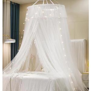 VETHIN Princess Bed Canopy for Girls Double Layer Sheer Mesh Dome Elegant Lace Mosquito Net Bed Curtain for Full Queen King Bed with led Stars String Lights(White/White)