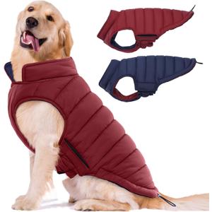 Lelepet Reversible Dog Coat Waterproof Dog Jacket Windproof Puffer Vest for Winter Warm Lightweight Coats for Medium Dogs Adjustbale Hook & Loop Pet Apparel with Leash Hole, French Bulldog, Wine Red L