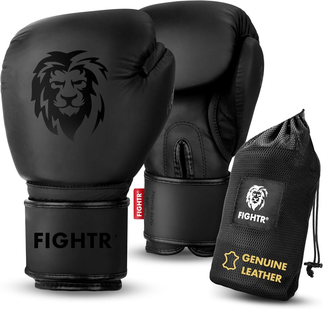 FIGHTR Pro Boxing Gloves Made of Genuine Leather | Men and Women | for Boxing, MMA, Muay Thai, Kickboxing & Martial Arts 10 12 14 16 oz | incl. Carrying Bag (All Black)