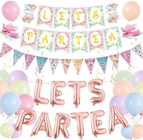 Tea Party Decorations for Women Girls, Lets Par Tea Balloons Hanging Swirl Teapot Garland Latex Balloon Bunting Decor, Floral Wonderland Theme Decoration for Birthday Baby Shower Party Supplies