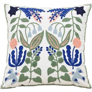 Embroidered Floral Navy Blue Throw Pillow Covers Decorative Green Leaves Tufted Patterned Cotton Cushion Cases Farmhouse for Couch Bed Living Room Decor 18"x 18"