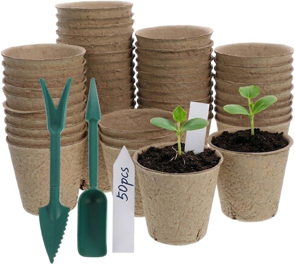 Seed Starter Peat Pots, 50 Pcs Biodegradable Paper Planting Pots Set with Plant Labels and Mini Garden Tools, Seed Starting with Drainage Holes for Seedlings Herbs, Vegetables, Nursery Garden 3.1In