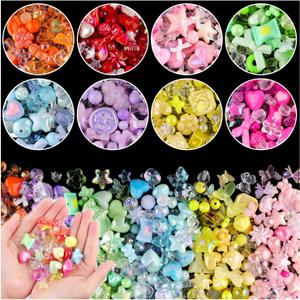 Assorted 400PCS Mix Acrylic Beads for Bracelet Making, Flower Bow Butterfly Candy Heart Gummy Bear Kawaii Aesthetic Beads,Cute Bead for Jewelry Making DIY Necklace Keychain Phone Charms (8 COLOR SERIES-Pink+Blue+Purple+Green+Orange+Yellow+Rose Pink+Red)