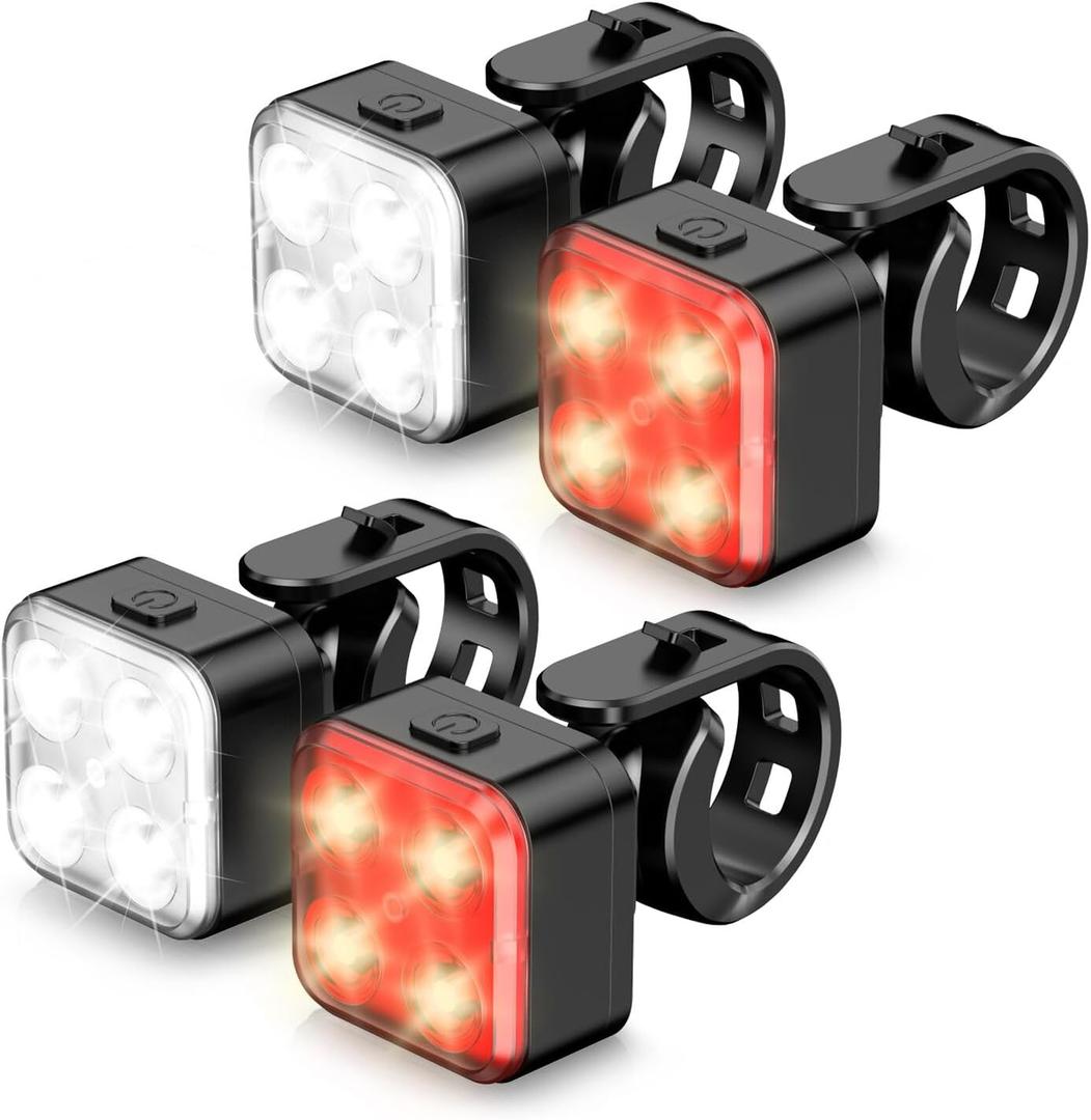 Akale Bike Lights Set, Rechargeable Bicycle Lights Front and Rear, 4 Light Mode Options, Bike Headlight, IPX4 Waterproof, Easy to Install for Men Women Road 2 Pack