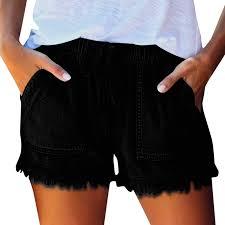 Black Elastic Waistband Denim Shorts Fringed Bottom, Large