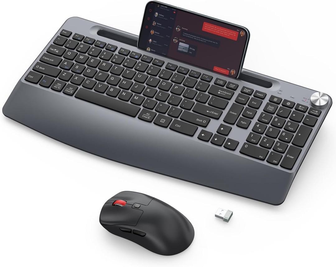 Wireless Keyboard and Mouse - Full-Sized Ergonomic Keyboard with Wrist Rest, Phone Holder, Volume Knob,2.4GHz Silent Cordless Keyboard Mouse Combo for Computer, Laptop, PC, Mac, Windows -Grey