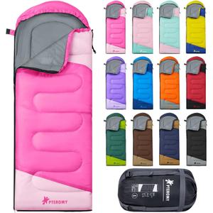 PTEROMY Sleeping Bags for Adults, Lightweight and Machine Washable, Water Resistant Backpacking Camping Sleeping Bag for Warm Cold Weather, Camping Essentials for Hiking Travel (50F~80F, Pink)