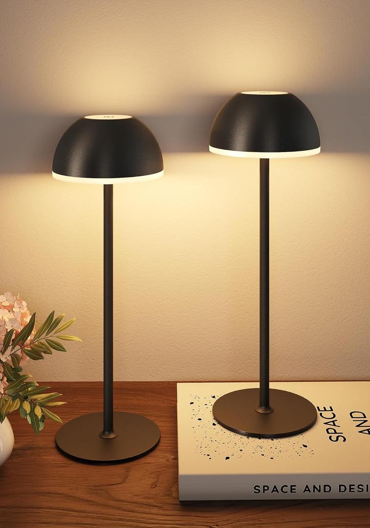 Cordless Table Lamp, Rechargeable, Touch control, 3 Color Temperature, Stepless Dimming, LED Memory Function, Portable, Battery Operated Lamp for Bedroom Restaurant Dinning Kitchen Living Room Home (2 Pack, Black)