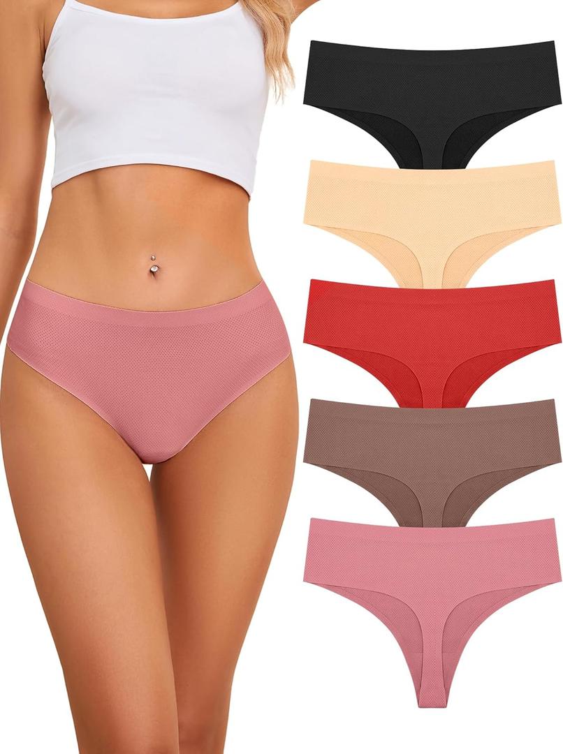 voenxe Seamless Women Underwear Thongs, High Waisted No Show Ladies Panties, Breathable Comfy Active Hi Rise Cut Undies, 5-Pack (Medium, Coffee)