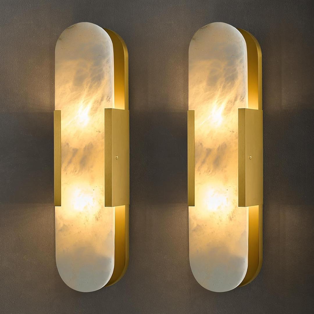 Alabaster Brass Oval Wall Sconce - Set of 2 Natural Spanish Stone Indoor Lighting Fixture - Luxury Modern Gold Dimmable Sconces with Bulb - Elongated Brushed Vanity Light for Bathroom Bedroom, 2 Pack