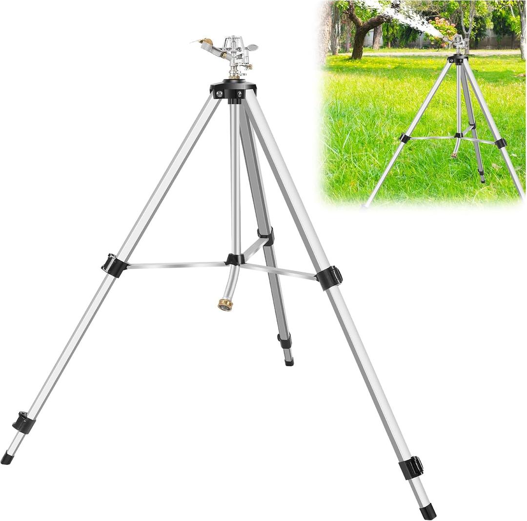 Heavy Duty Impact Sprinkler on Tripod Base,50 Inch Tripod Sprinkler with Brass Nozzle for Yard Large Area,Extra Tall 360 Degree Rotating,Waters Up to 90 Ft,Legs Extend Up to 50"