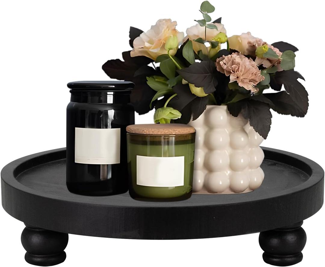 MAONAME Decorative Round Wood Riser for Display, Farmhouse Pedestal Stand for Kitchen Counter, Black Wooden Risers Tray for Home Decor, Pedestal Tray for Living Room Decor