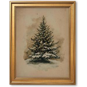 Gold Framed Vintage Christmas Tree Wall Art Decor Classic Holiday Canvas Print Poster Rustic Moody Natural Winter Evergreen Painting Antique Christmas Picture Decorations 12x16inch (Style-4)