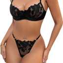 Lilosy Sexy Satin Mesh Floral Sheer Embroidered Underwire Lingerie Set 2 Piece Women (Black, XL)