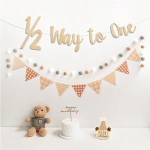 1/2 Way to One Half Birthday Banner Pre-Strung Pennant Felt Fabric Banner Flags and Pom Pom Garland, Party Hat for Birthday Decorations, Reusable Half Way to One Bunting Sign for Girl Boy 6 Months