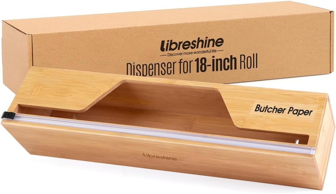 18 Inch Butcher Paper Dispenser with Cutter | Heavy-Duty Holder for Plastic Wrap, Foil, Freezer Paper & Kraft Rolls | Wall/Tabletop Bamboo Organizer | Kitchen, Crafting, Commercial Use