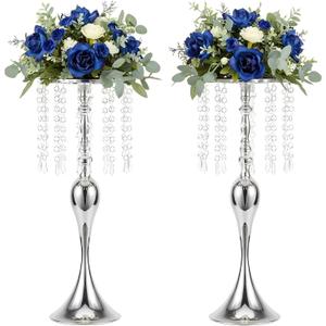LANLONG Set of 2 Crystal Centerpieces for Tables Silver Metal Flower Vase Stand for Wedding Party Reception Home Decor