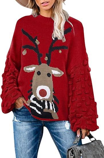 Sovoyontee Women's Cute Funny Ugly Christmas Sweater Puff Sleeve Snowflake Reindeer Holiday Oversized Knit Pullover M