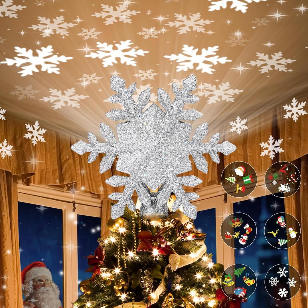 TKYHRMAS Christmas Tree Toppers Lighted with 6 Projection Modes, Christmas Snowflake Tree Topper with Builtin LED Rotating Lights, Silver 3D Glitter Projection for Xmas Party Holiday Decorations