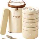 Stainless Steel Lunch Box, 3-Tier Insulated Bento Box Microwave Safe Soup Bowl for Adults, Thermal Food Container for Office Workers (Beige, 3pcs + Tableware + Insulated Bag)