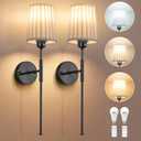 Glitnous Battery Operated Wall Sconce, Pleated Fabric Wall Sconces Battery Operated, Wireless Sconces Set of 2 with Removable Tail Pole, Rechargeable Wall Sconce for Bedroom, Living Room, Black