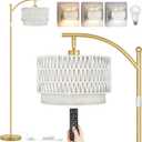 Rattan Floor Lamps for Living Room, Boho Standing Lamps with White Rattan& Linen Double Shades, Arc Lamps Floor Standing with 9W Bulb, Foot Switch, Gold Bohemian Floor Lamps for Bedroom, Office-Drum