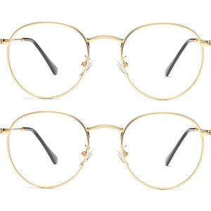 Braylenz Vintage Round Metal Glasses Frame with Clear Lens, 2 Pack Women Men Non-Prescription Eyeglasses, Gold