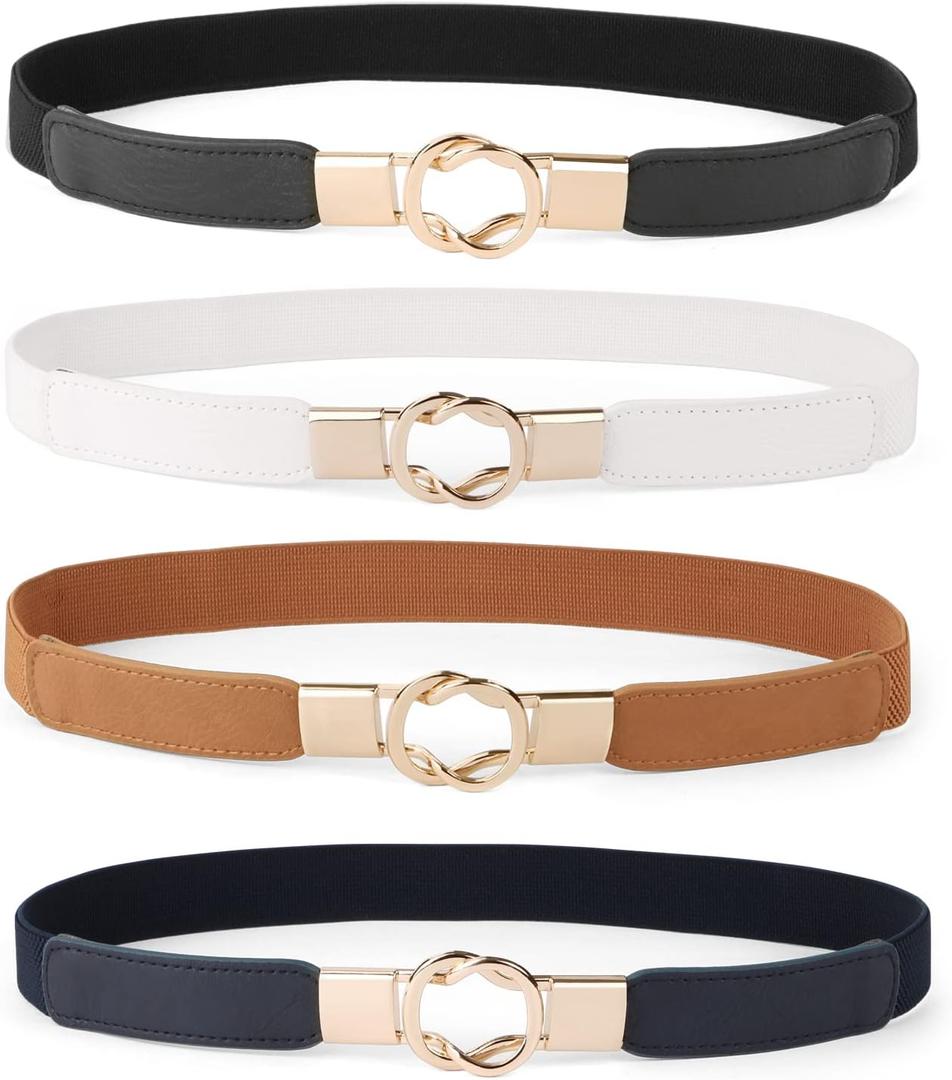 WERFORU Women Skinny Belt for Dresses Retro Stretch Waist Belt with Gold Buckle Set of 4