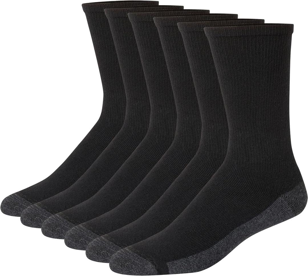 Hanes mens Max Cushioned Crew Socks, Moisture-wicking With Odor Control, Multi-packCrew Sock (6-12, Black/Grey Foot Bottom - 6 Pack)