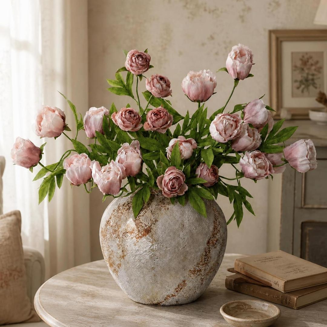 8 Pcs Faux Peony Stems Flowers Vintage Real Look Artificial Silk Flowers, Bulk Fake Peonies Branches for Vase Filler DIY Bouquet Wedding Centerpiece Bridal Shower Gifts Home Decor (Brownish)