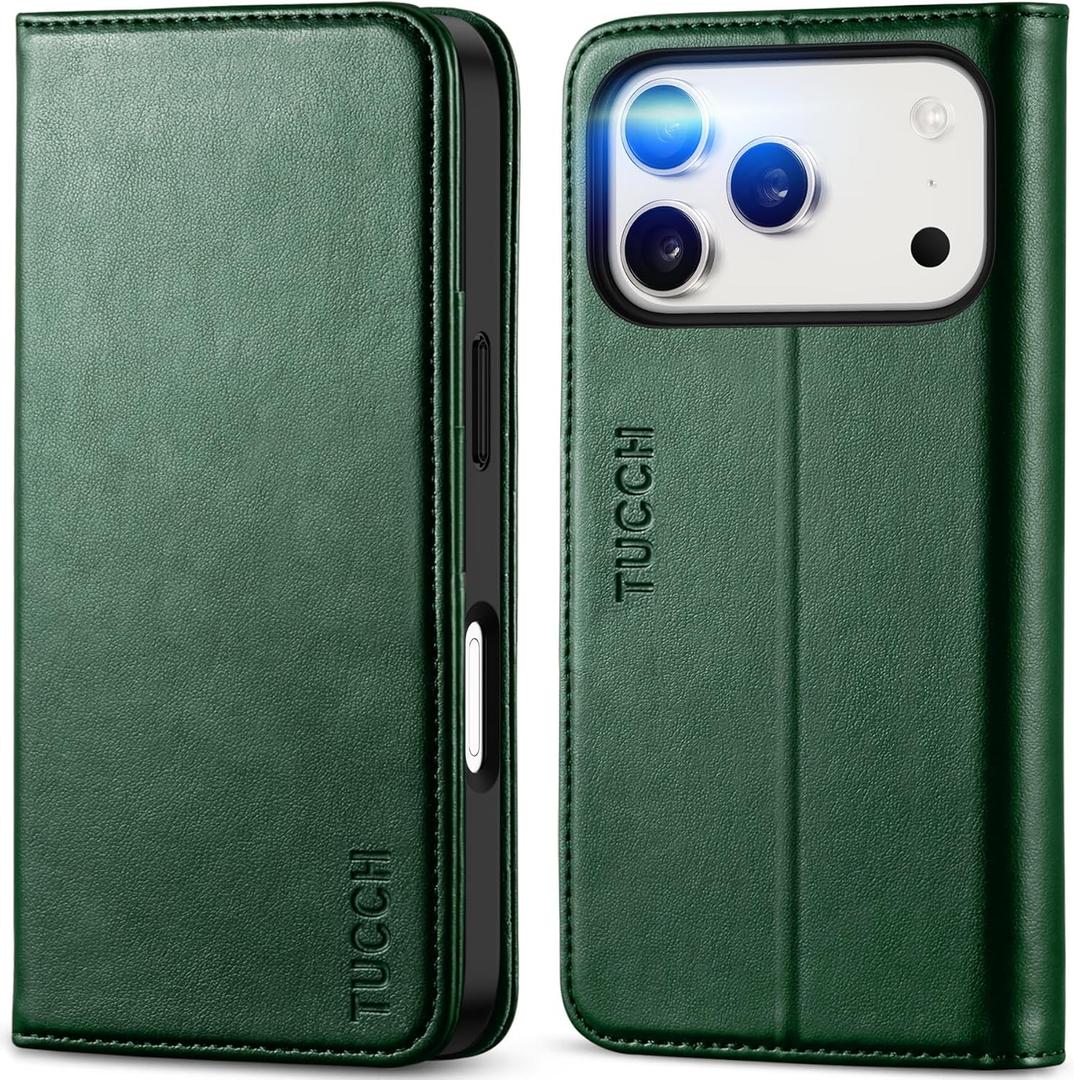 TUCCH Wallet Case for iPhone 17 Pro (6.3") 2025, 3 Credit Card Holders, RFID Blocking, Stand, PU Leather, Shockproof TPU Interior Shell, Protective Flip Folio Cover, Midnight Green