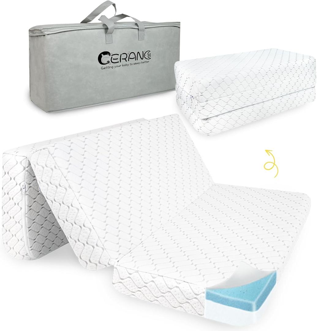 Trifold Pack and Play Mattress, Dual-Sided Memory Foam for Baby Toddler, 38x26, Travel Mattress with Removable Cover Carry Bag
