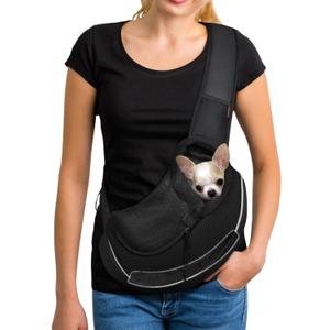 YUDODO Pet Sling Carrier for 5-9 lbs Small Dogs & Cats  Hands-Free Puppy Carrier with Safety Hook, Large Zipper Pocket, Soft Breathable Mesh, Adjustable Strap & Reflective Strip (Black 3.0 M)