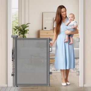 Retractable Baby Gate for Stairs, 55" Wide Mesh Dog Gate Indoor, 34" Tall Child Gate for Doorways, Hallways, Deck, Indoor Outdoor Pet Baby Safety Essentials for Home, Grey (Gray)