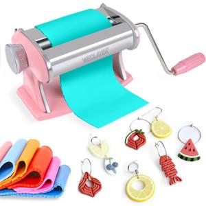 Polymer Clay Press Machine,Clay Roller Machine,Includes Clamp and Hand Crank,Stainless Steel Polymer Clay Tools for Clay Earring Making,7 Thickness Clay Pasta Machine-Pink