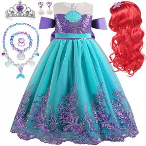 Princess Little Mermaid Costume for Girls Mermaid Wig Princess Ariel Cosplay Dress Up for Birthday Party Halloween Costume (130(5-6T), Leis Mermaid Dress With Necklace)