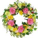 YNYLCHMX 18" Spring Summer Wreaths for Front Door, Artificial Floral Wreath with Ivy Leaves Daisies Pansies Rose Leaves, Green Foliage Wreath for Wall Window Farmhouse Party Holiday Home Decor