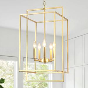 5-Light Gold Pendant Light, Modern Farmhouse Dining Room Light Fixtures Over Table, Adjustable Height Rustic Chandelier E12 Base for Kitchen Island, Entryway, Indoor