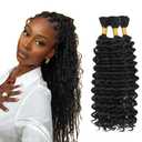 #1B Human Braiding Hair for Boho Braids 150g 3 Bundles 12 12 12 Inch Deep Wave Bulk Hair No Weft Curly Human Hair Extensions for Braids Wet and Wavy Braid Natural Color (#1B-Black-BD)
