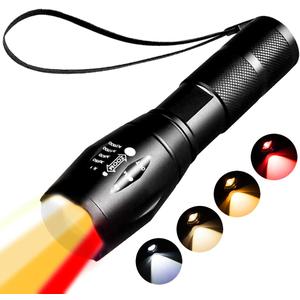 Red Light Tactical Flashlight, 4 in 1 White, Yellow, Amber, Red Light, Rechargeable, 1800K Warm Light for Eye Care, Hunting, Hiking, Wildlife Observation