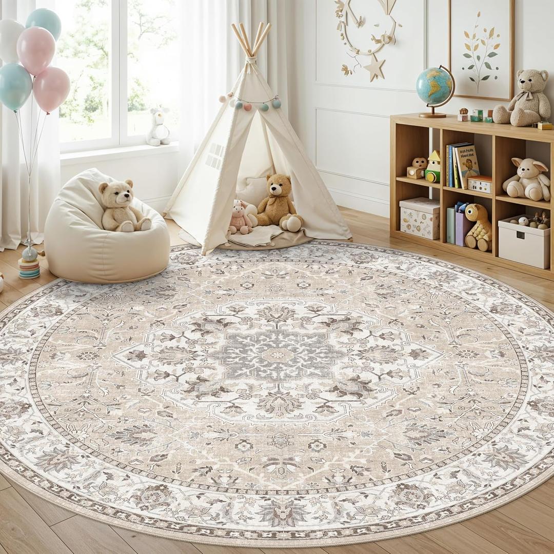 7x7 Living Room Area Rug: Washable Oriental Printed Soft Round Rug for Bedroom Besides Non-Slip Low-Pile Carpet for High-Traffic Area Indoor Stain Resistant Distressed Home Decor Mat(7,Beige)