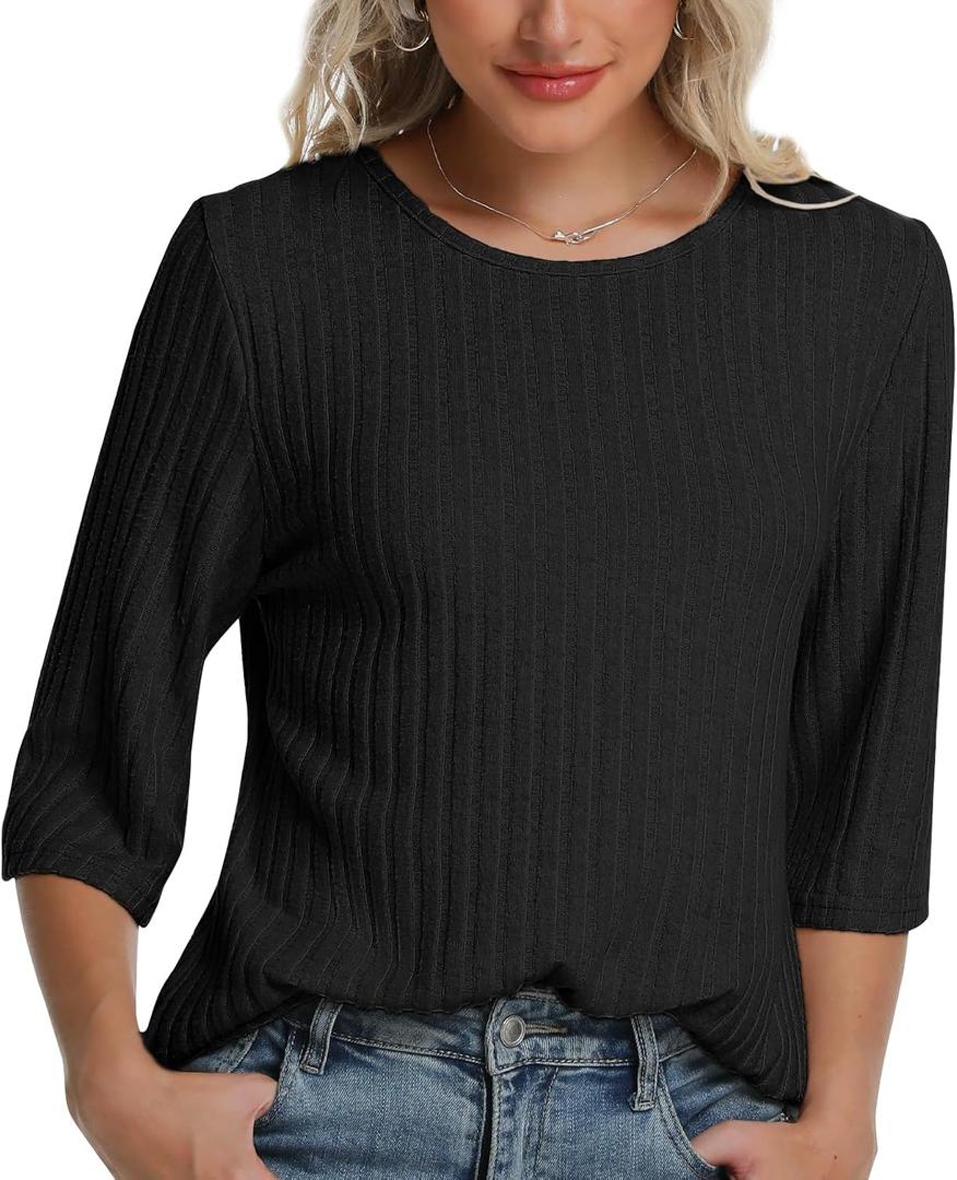 Women Fall Outfits Sweaters Tunic Tops Loose Fit Dressy 3/4 Sleeve Crew Neck Business Casual Blouses Shirts 2026 (Black, S)