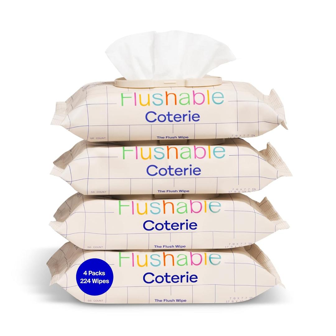 Coterie Flushable Wipes for Toddlers, Designed for Potty Training, Safe for Sensitive Skin, Hypoallergenic, 99% Water, Plant-Based, Fragrance Free, Sewer & Septic Safe, 4 Pack (224 Wipes)