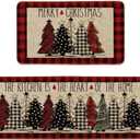 Artoid Mode Red Buffalo Plaid Xmas Trees Merry Christmas Kitchen Mats Set of 2, Winter Decor Low-Profile Kitchen Rugs for Floor - 17x29 and 17x47 Inch