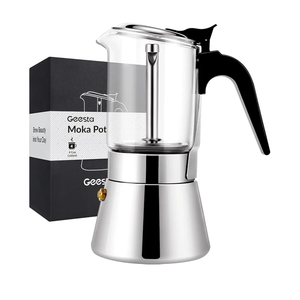 Geesta Premium Crystal Glass-Top Stovetop Espresso Moka Pot - 4/6/ 9 Cups - Stainless Steel Coffee Maker- 160ml/5.6oz/4 cup (espresso cup=40ml)