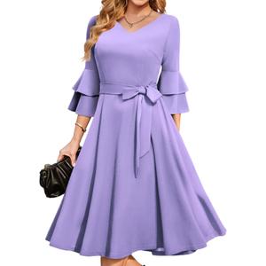DRESSTEDRESSTELLS Womens Cocktail Dress Holiday Fall Vintage V-Neck Long Bell Half Sleeves Formal Dresses for Wedding Guest (Large)