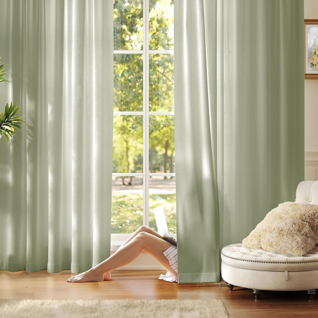 Anmao Non-See-Through Sage Green Privacy Semi Sheer Curtains for Living Room 54 Inch Length 2 Panels Set, Light Filtering That Let Light in Rod Pocket Window Drapes for Bedroom, 52W x 54L, Sage