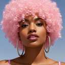GKtineke Pink Afro Wigs for Black Women 8 Inch 70s Disco Afro Wig Puff Fluffy Kinky Curly Wigs for Halloween Party Use(Pink)