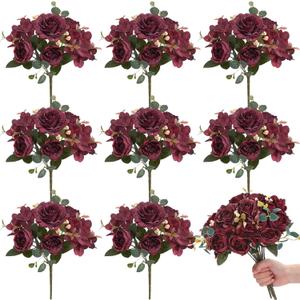 Yunsailing 8 Packs Artificial Peony Flowers Faux Silk Hydrangea Bouquet Vintage Wedding Home Table for Door Decor Reusable Bouquet of Rose Flowers for Valentine Wedding Birthday Party(Burgundy)